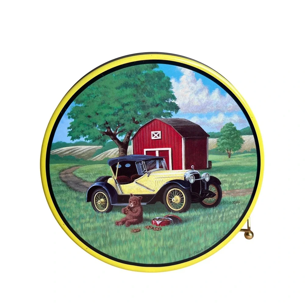 Fresh Beginnings Ryan Art Vintage Car Bear Red Barn Round Metal Cookie Tin Blue
